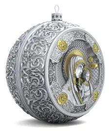 Набор подарочный с шарами и иконой "Казанская Богоматерь в красном" из серебра, 6 шаров